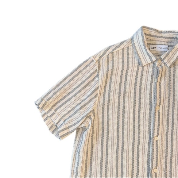 Zara Men's Casual Striped Shirt - Cream and Blue - Picture 3 of 6